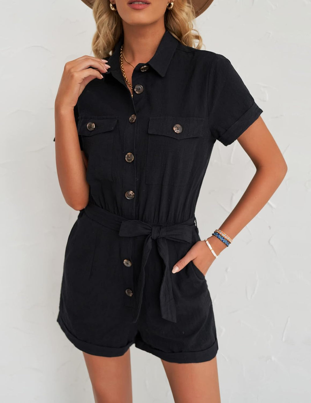 Roskiky Damen Sommer Taschen Gürtel Strampler Knopf Kurzarm Jumpsuit Playsuit XS Schwarz, XS Schwarz