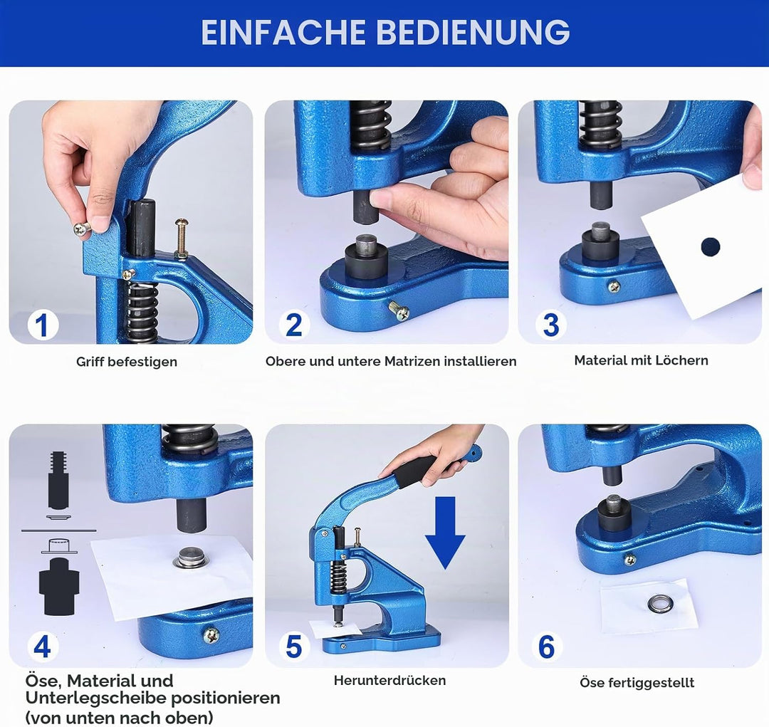 FreeTec Handpresse Maschine Ösenstanze Nietenpresse Druckknopfpresse Handpresse Nieten Ösen, 3 austa