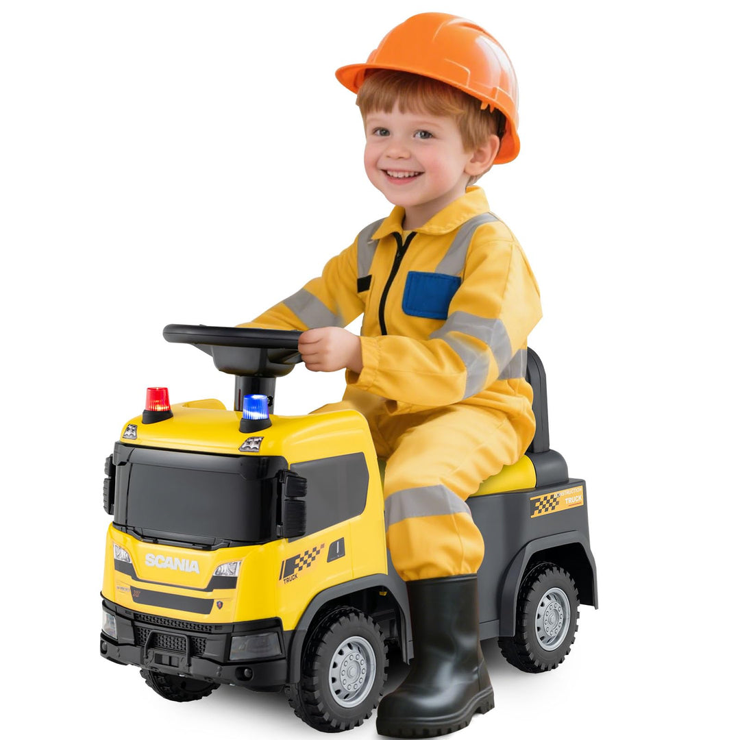 GOPLUS Kinder Rutschauto, 2 in 1 Schiebeauto, Bauwagen mit Lichtern, Geräuschen & Stauraum unter dem
