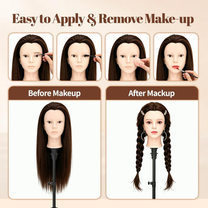 Yofuly 24Zoll / 61cm Frisierkopf mit Ohrlöchern, 80% Echthaar Übungskopf, Make-up Frisieren Training