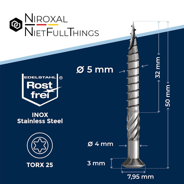 Terrassenschrauben 5x50 Edelstahl A2 Linsenkopfschrauben Torx Schrauben 5mm stark 500 Stück Holzschr