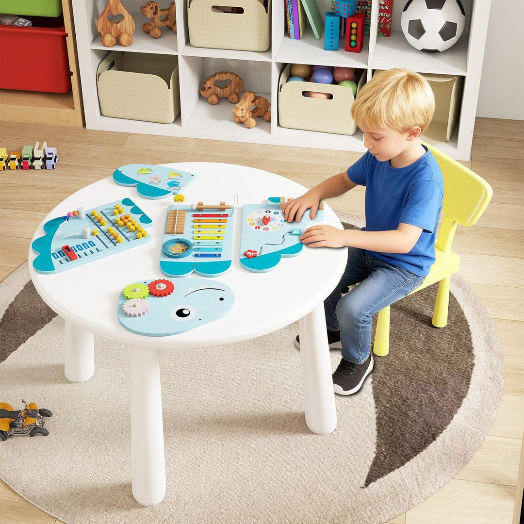 COSTWAY Montessori Motorikbrett, 11-in-1 Busy Board Holz mit Blöcken & Xylophon & Abakus, Montessori