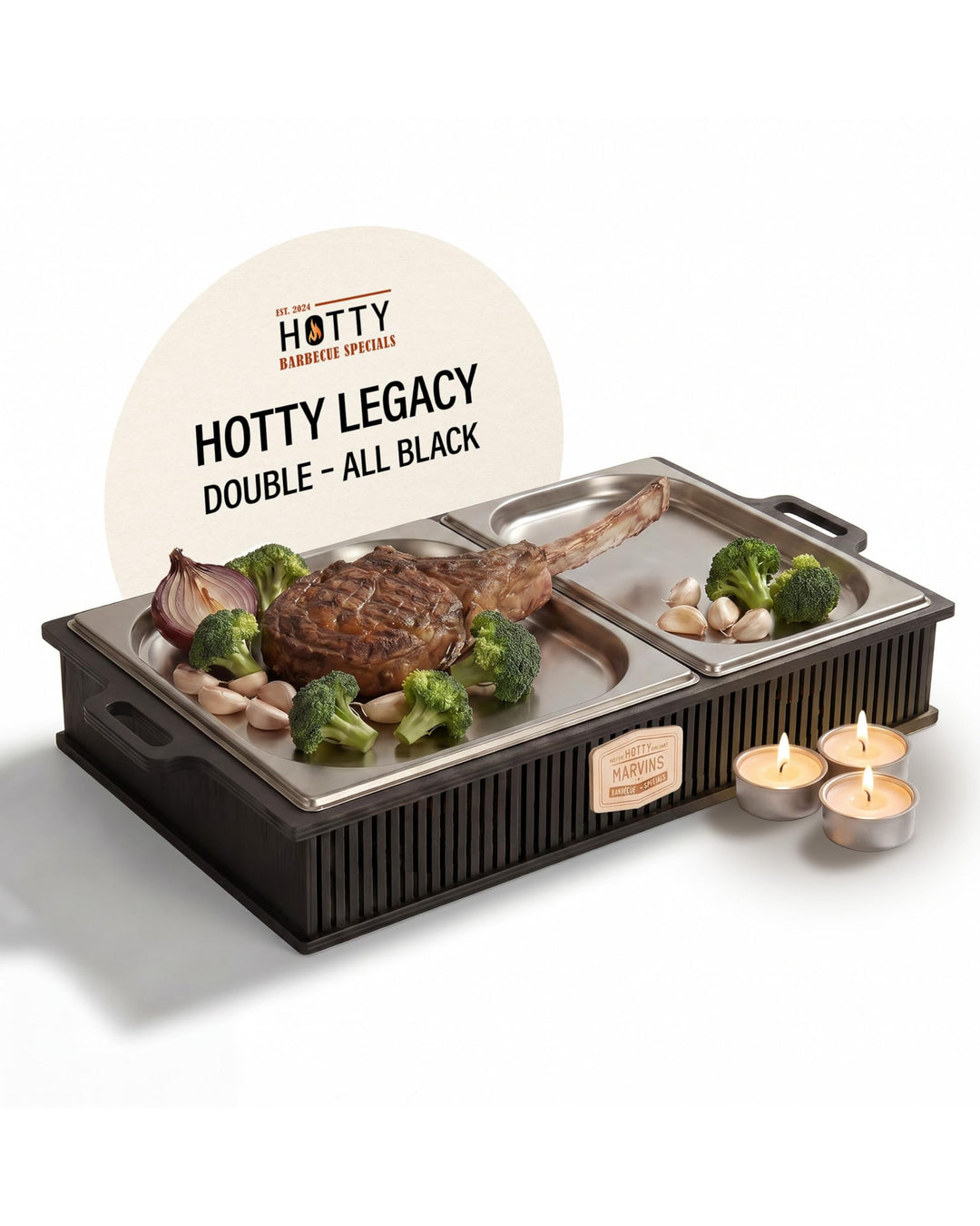 HOTTY Legacy Warmhalteplatte fürs Grillen – BBQ-Design Speisenwärmer mit personalisierbarem Batch –