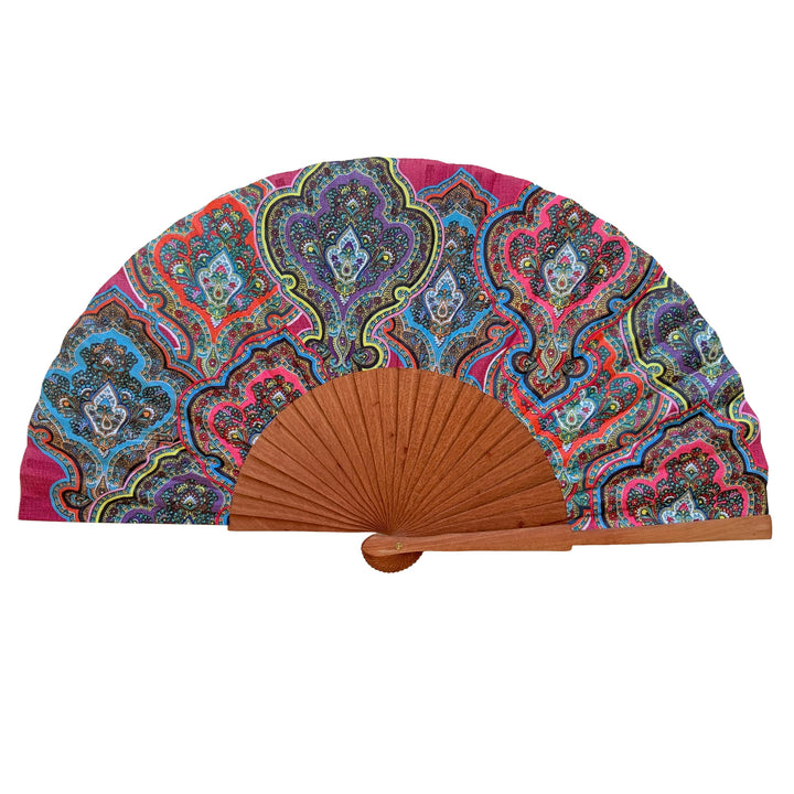 Spanischer Handfächer Asha – Holz und Baumwolle – 23 cm – Etui und Hülle aus Jute – Modeaccessoire –