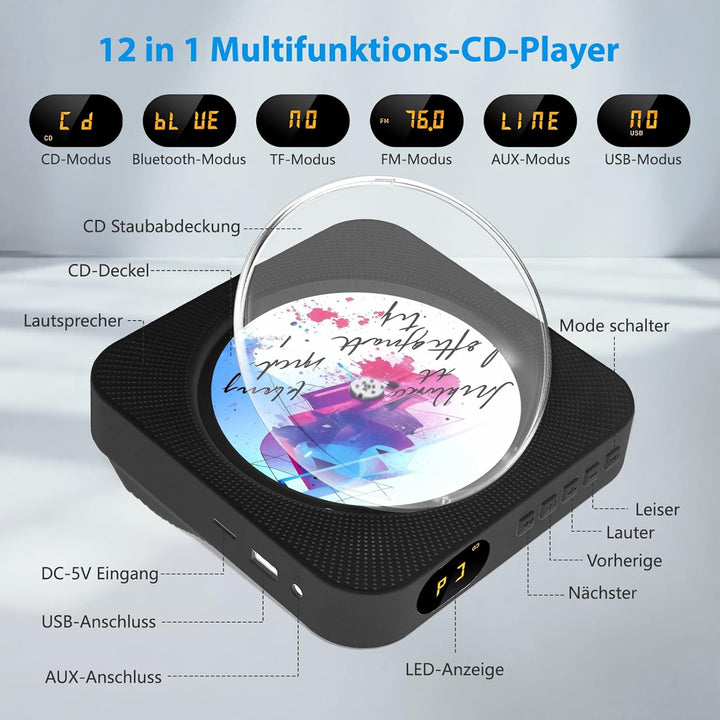 Tragbarer CD-Player, Desktop CD Players Bluetooth 5.1 mit Fernbedienung Unterstützung Timer, HiFi-La