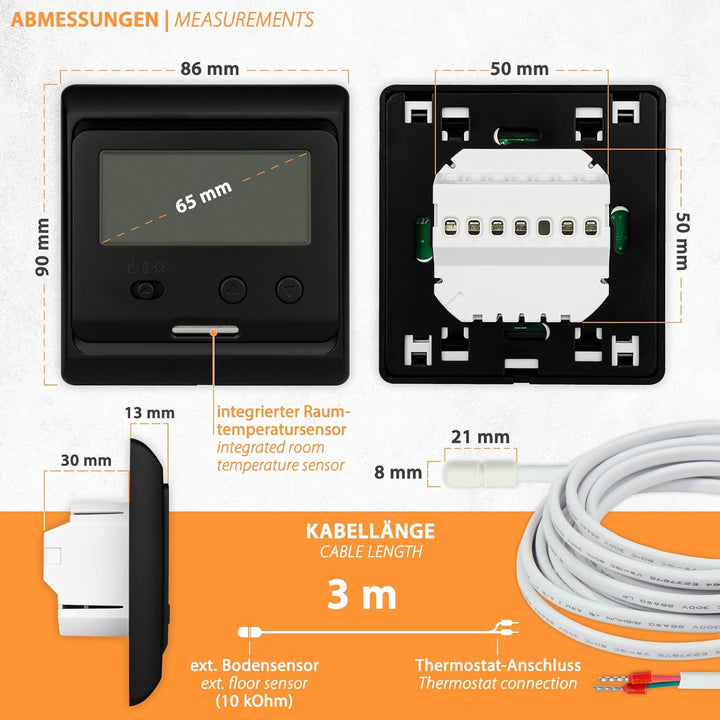 12 Volt Elektro Fussbodenheizung 2.0 Meter inkl. Thermostat zur Temperierung von Bodenflächen im Woh