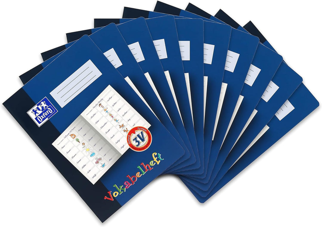 Oxford Vokabelheft, A4, Lineatur 3V (3.Klasse), 16 Blatt, blau, 10 Stück, Lineatur 3V