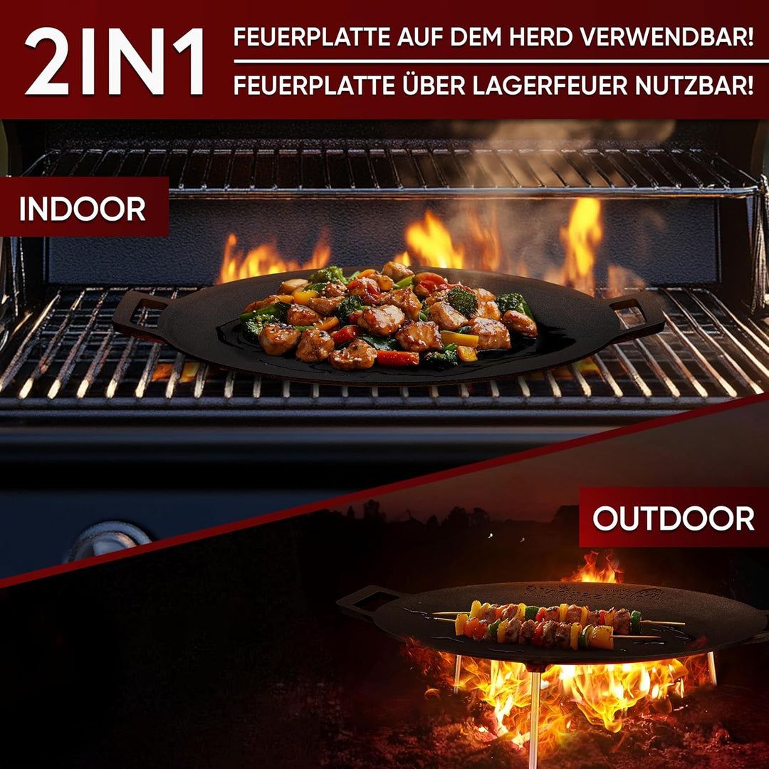 Gusseisen Grillplatte (Ø 42 cm) mit 3 Edelstahl-Beinen – Dutch Oven Grillplatte Rund – Dreibein Gril