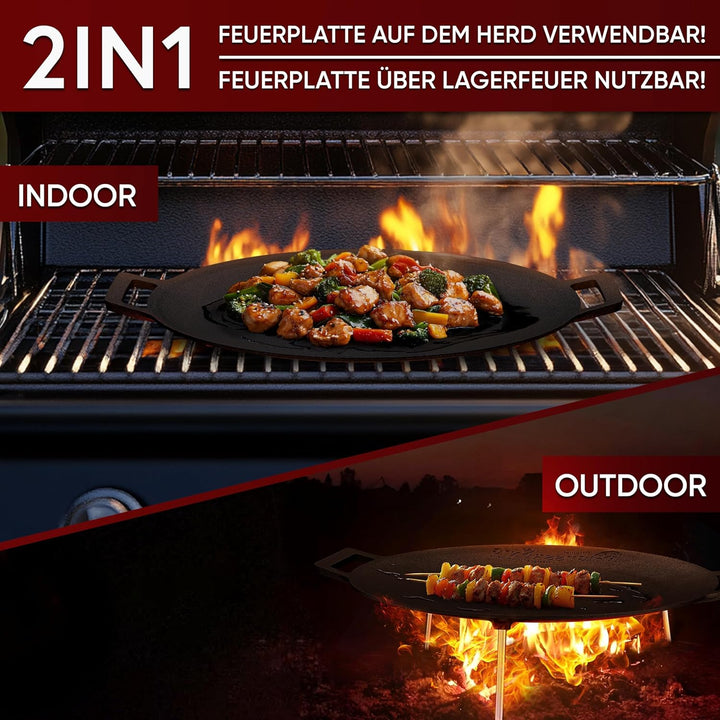 Gusseisen Grillplatte (Ø 42 cm) mit 3 Edelstahl-Beinen – Dutch Oven Grillplatte Rund – Dreibein Gril