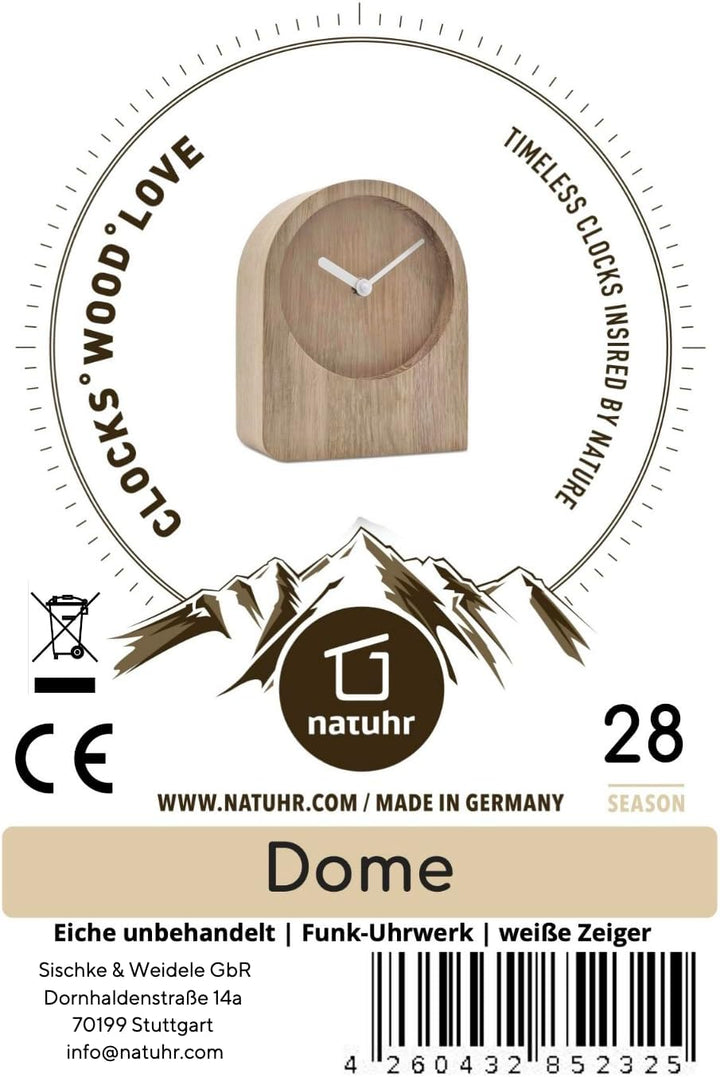 Natuhr Tischuhr Eiche Holzuhr - Dome - puristisch modern Massivholz (Eiche unbehandelt, Weisse Zeige