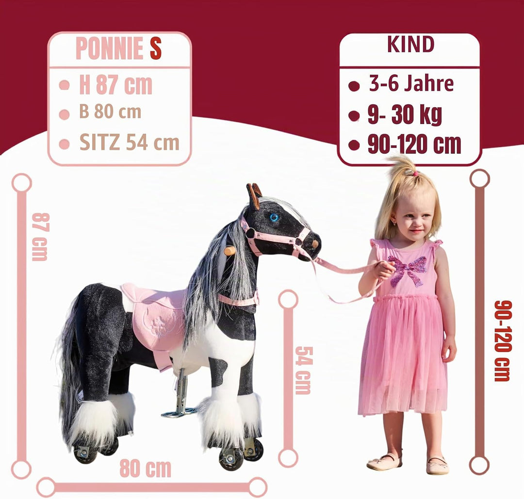 PONNIE Reitpferd mit Rollen Tiara S für Kinder 3-6 Jahre, 30 kg – Plüsch Spielpferd zum Reiten ohne