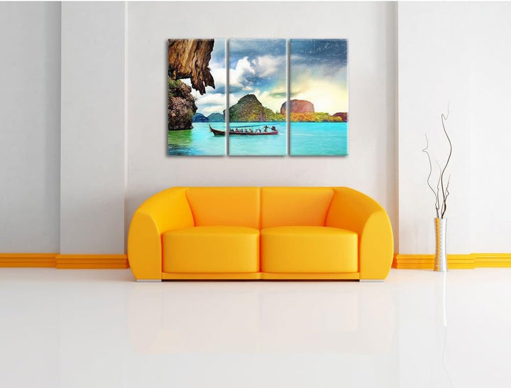 Pixxprint Thailand Phuket Playa Paradisiaca Kunst Buntstift Effekt 3-Teiler Leinwandbild 120x80 Bild