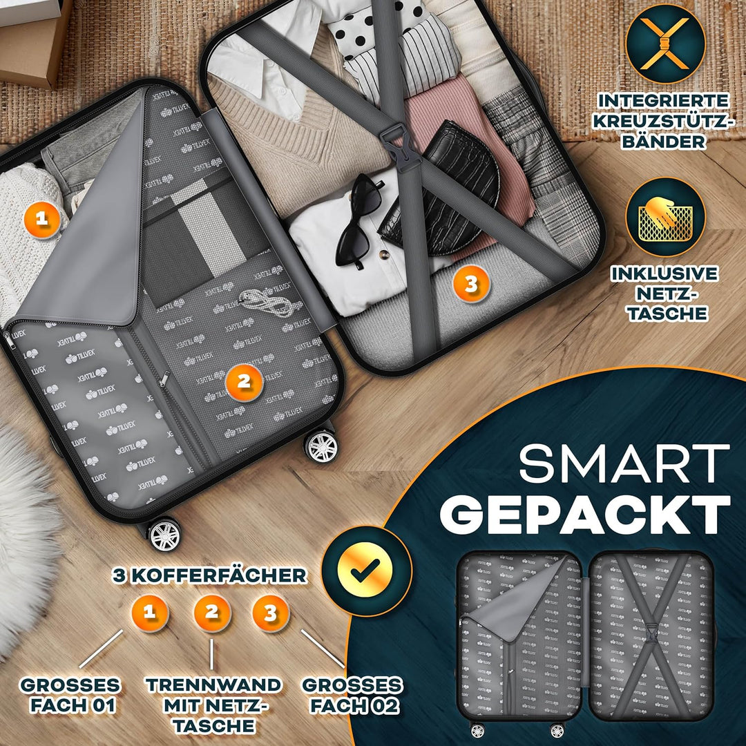 tillvex® Reisekoffer Set 4-teilig + Gepäckwaage, 8X Koffergurte & 4X Kofferanhänger | Kofferset 4 Ro