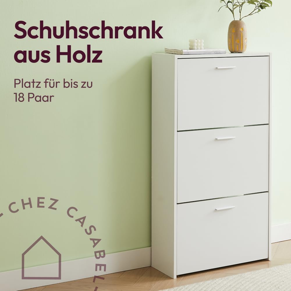 CASABEL Schuhschrank Schmal für 18 Paar Schuhe, Modernes Schuhregal Holz mit 3 Klappen, Platzsparend