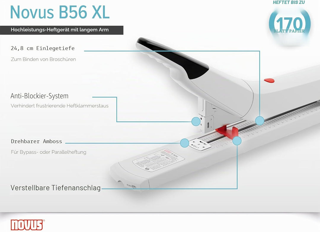 Novus B 56XL Blockheftgerät (Heftleistung bis 170 Blatt, Hefter mit variabler Einlegetiefe bis 250 m