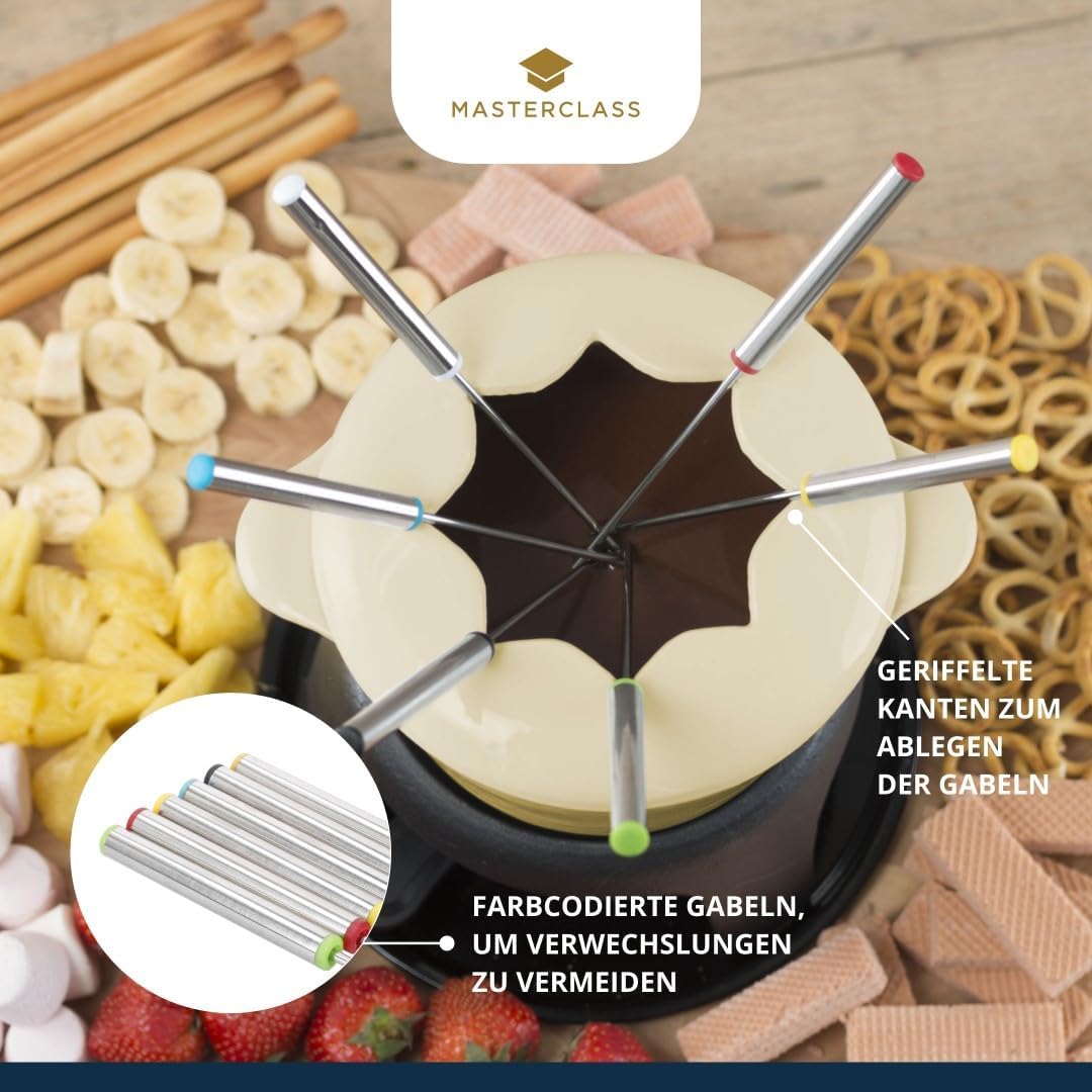 MasterClass Fleisch-/Käse-/Schokoladen-Fondue-Set aus Gusseisen, mit Sechs Edelstahlgabeln, 21 x 18
