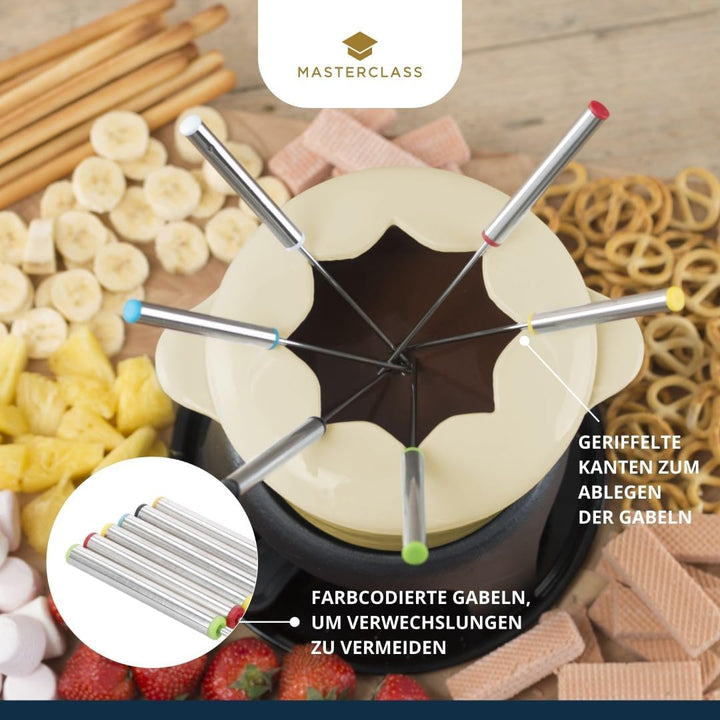 MasterClass Fleisch-/Käse-/Schokoladen-Fondue-Set aus Gusseisen, mit Sechs Edelstahlgabeln, 21 x 18