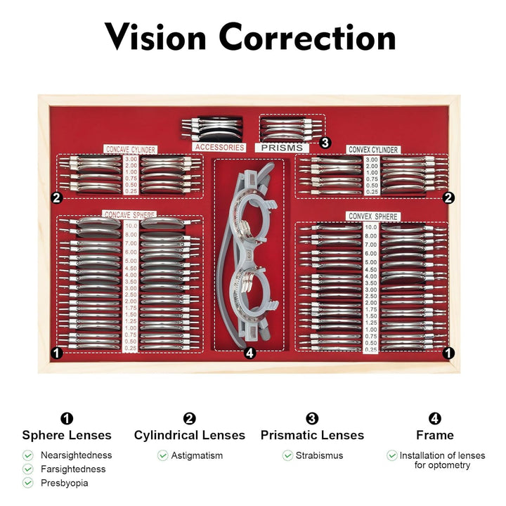Set mit 104 Optometrie-Testlinsen aus Metall, mit Optometrie-Testrahmen mit kostenlosem Zubehör + Ge