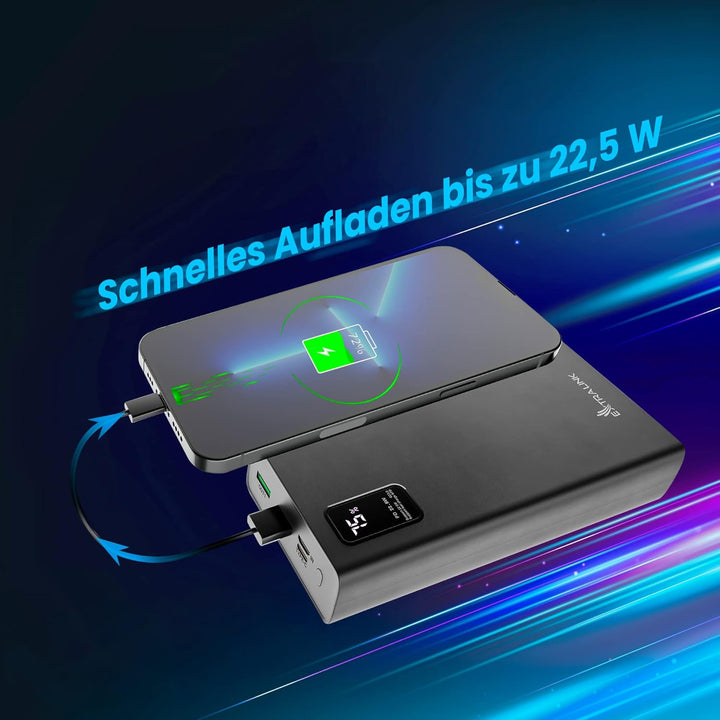 Powerbank 20000mAh Powerbank Schnellladefunktion bis zu 22,5W Power Bank USB C Micro-USB Robustes Ge