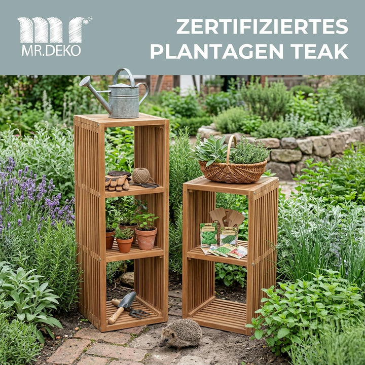MR. DEKO Outdoor Regal wetterfest 120x40cm 3 Fächer Gartenregal Teak Gross | Holz Garten-Ablage Balk