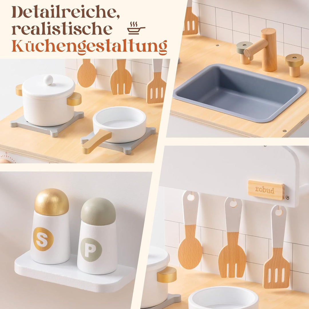 ROBUD Spielküche Holz für Kinder, Pizzaofen Kinderküche mit Kochgeschirr &amp; Pizzaschneider-Zubehör, R