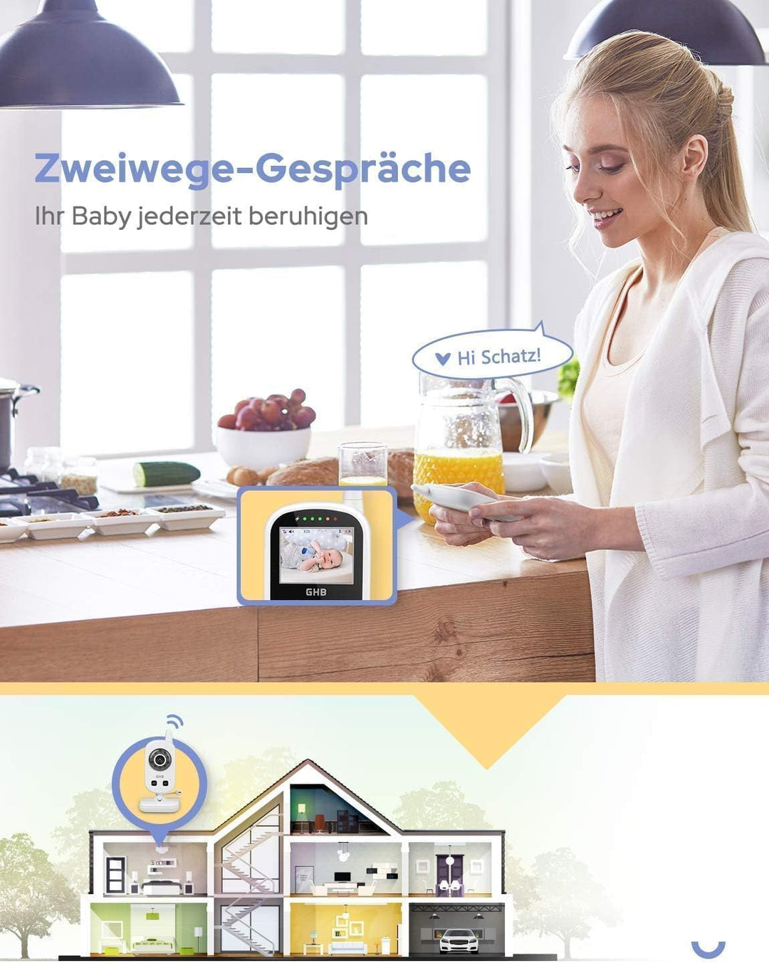 GHB Babyphone mit Kamera Baby Monitor mit ECO Modus Gegensprechen Gegensprechen Lange Akkulaufzeit N