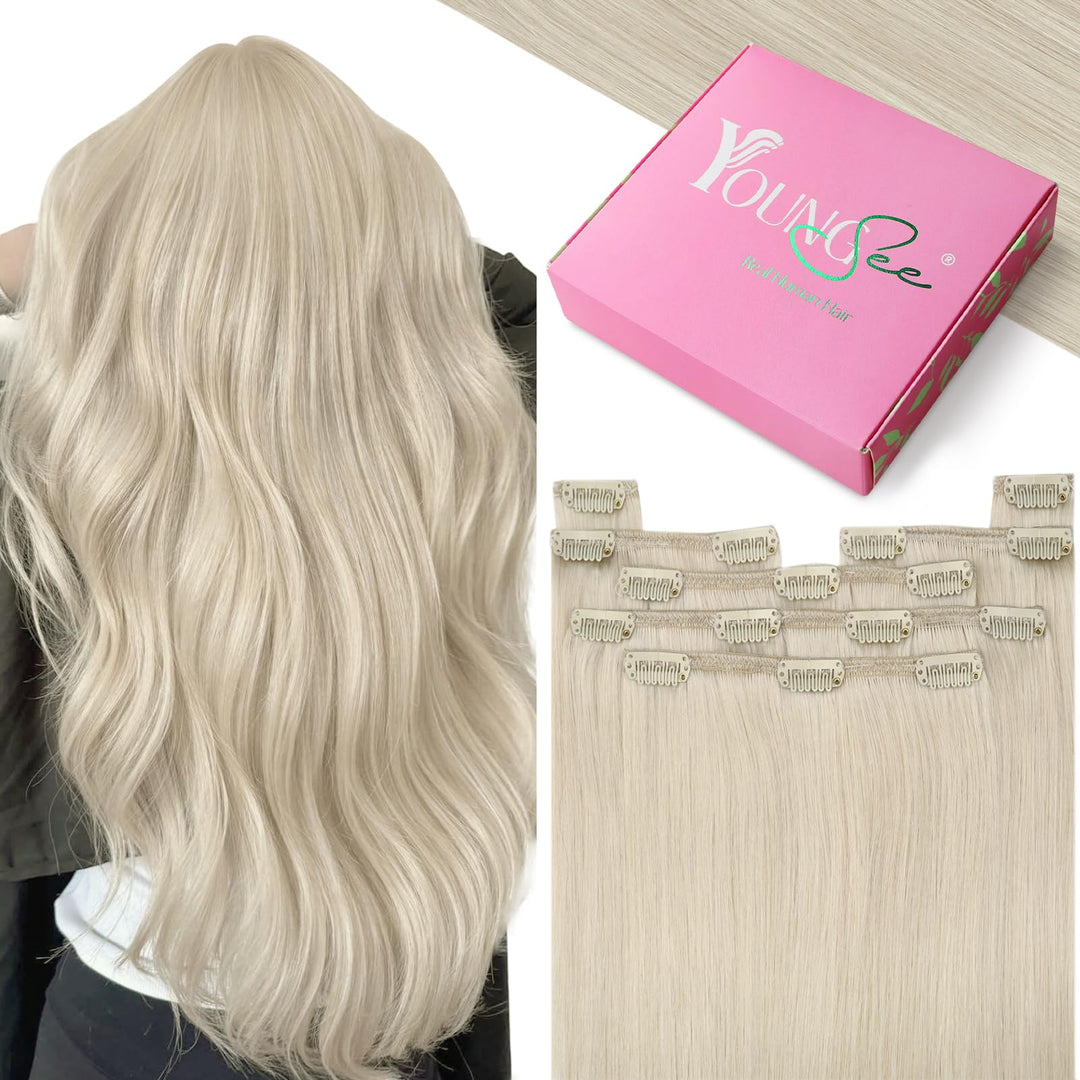YoungSee Echthaar Extensions Clip Platinblond 35cm Clip Echthaar Extensions Clip in Extensions Echth