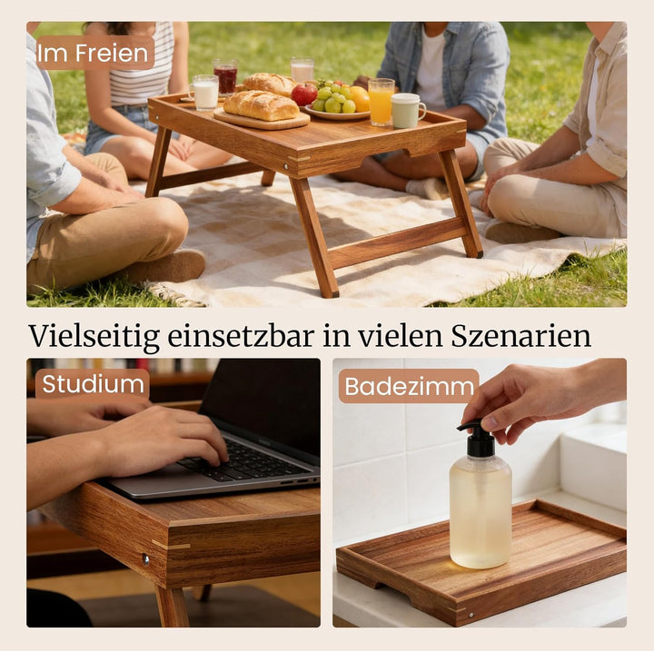 Fibogollo Betttisch aus Akazienholz mit klappbaren Beinen, Frühstückstabletts mit integrierten Griff