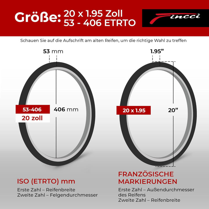Fincci Set Fahrradreifen 20 Zoll 20x1.95 53-406 Reifen Fahrradmantel mit Autoventil Schläuche Fahrra