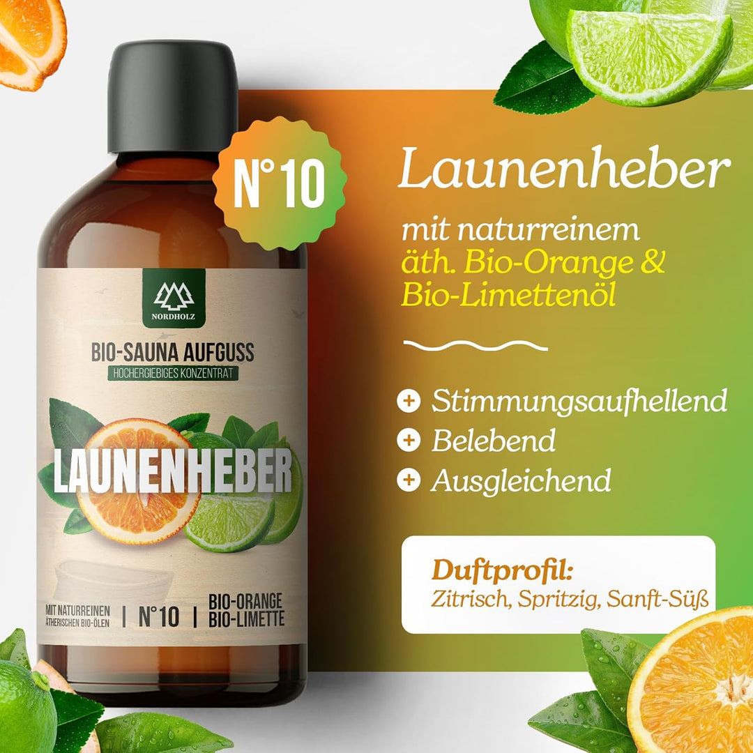 Saunaaufguss BIO [NATURREINE ÄTHERISCHE BIO-ÖLE] Sauna Aufgussmittel #10 Launenheber 250ml Orange, L