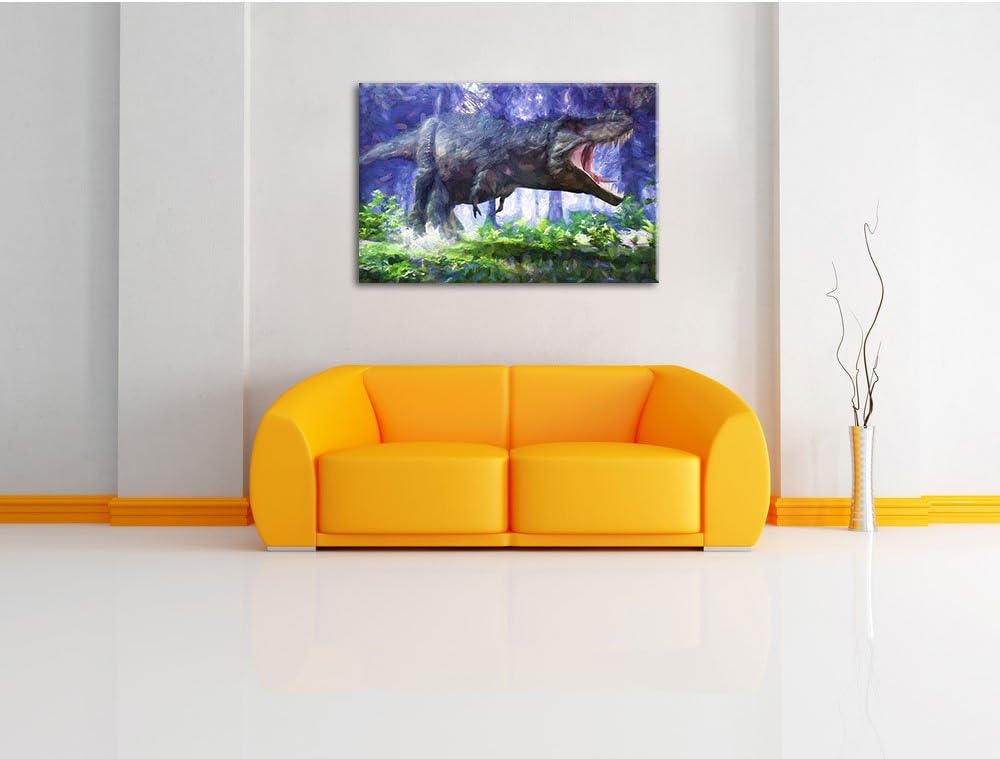 Pixxprint T-Rex Dinosaurier im Wald Kunst / 100x70cm Leinwandbild bespannt auf Holzrahmen/Wandbild K