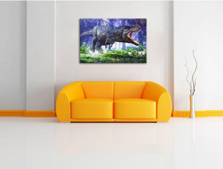 Pixxprint T-Rex Dinosaurier im Wald Kunst / 100x70cm Leinwandbild bespannt auf Holzrahmen/Wandbild K