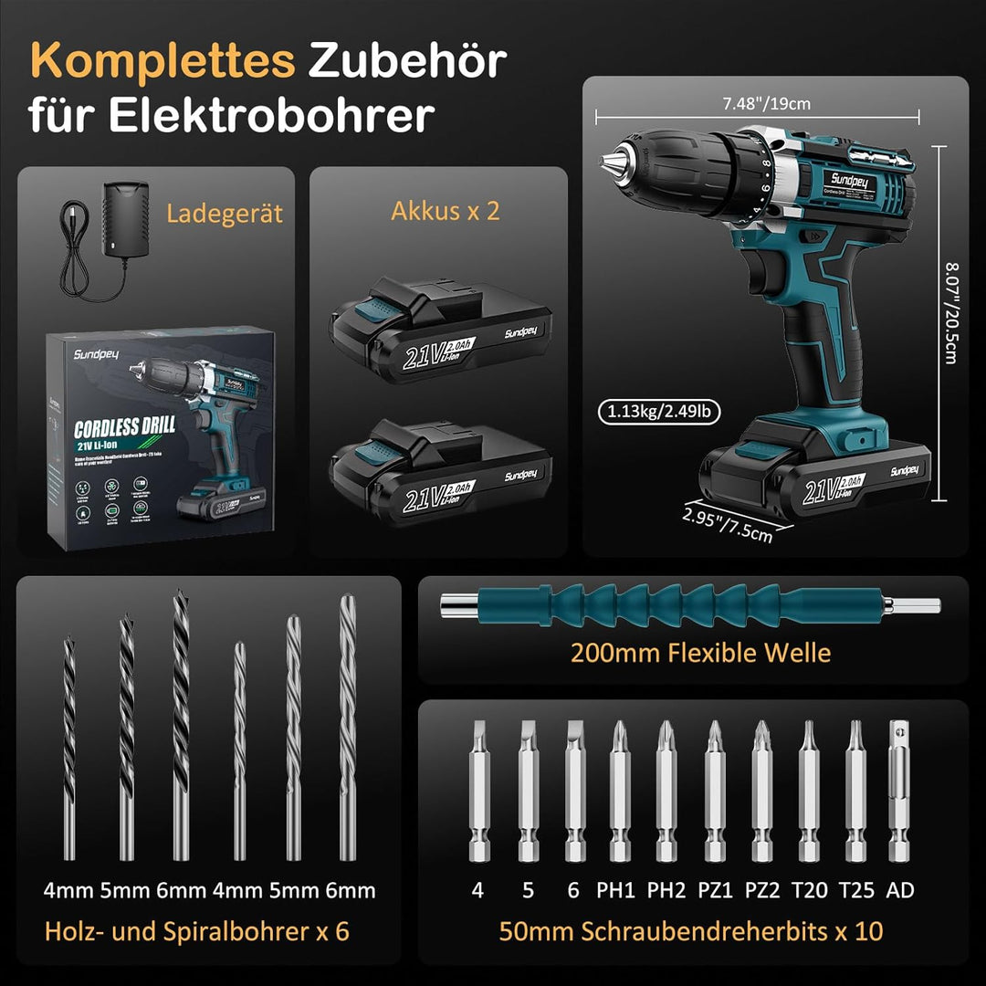 Sundpey Akkuschrauber 21V Akku Bohrmaschine - Akku Bohrschrauber mit 2x2000mAh Akku, 45 N.m Max, 2-G