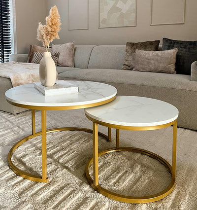 Home Heaven® Couchtisch Rund Weiss Marmor mit Gold – Runder Wohnzimmertisch 2er Set für Wohnzimmer -
