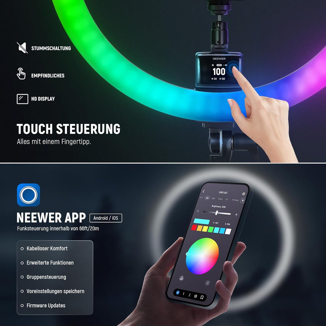 NEEWER SRP18C RGB LED Ringlicht Set ultraschlank App Steuerung mit umkehrbarem Licht Ständer, Telefo