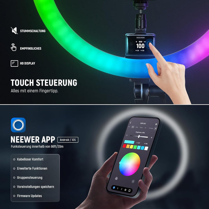 NEEWER SRP18C RGB LED Ringlicht Set ultraschlank App Steuerung mit umkehrbarem Licht Ständer, Telefo