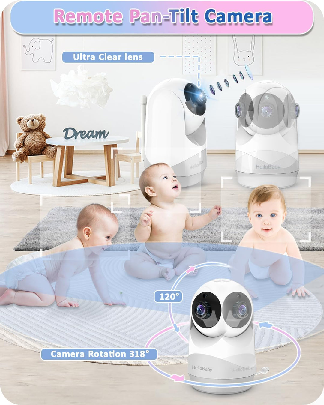 HelloBaby Babyphone mit Kamera,29 Stunden Akkulaufzeit Babyfon,355°/120° Baby Monitor mit Ferngesteu