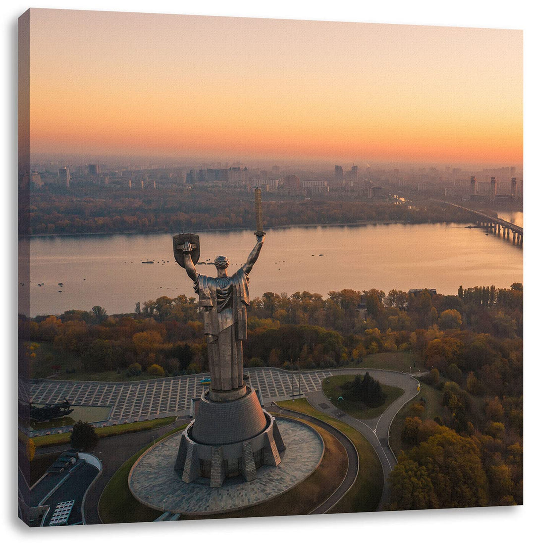 Pixxprint Skyline Kiew Sonnenuntergang als Leinwandbild Quadratisch| Grösse: 60x60 cm | Wandbild | K