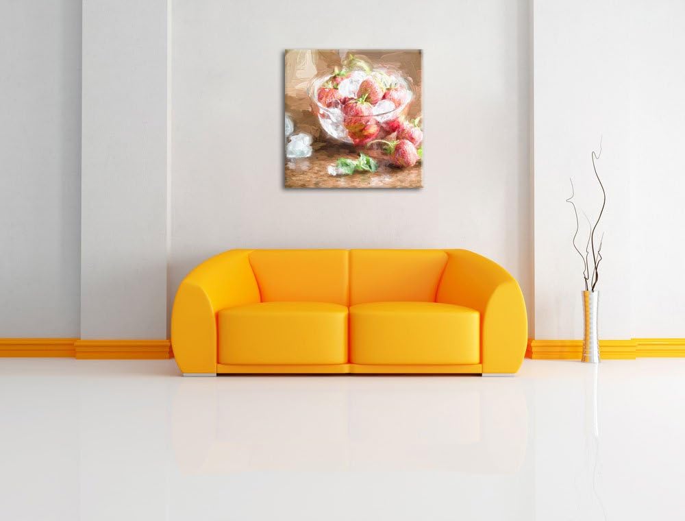 Pixxprint Frische Erdbeeren in Eiswürfeln Pinsel Effekt, Format: 70x70 auf Leinwand, 70x70