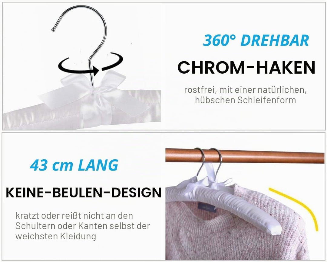 Amber Home 10 Stück 43cm Weiss Kleiderbügel aus Satin, Weiche Seide Aufhänger für T-Shirt Hemd Mante