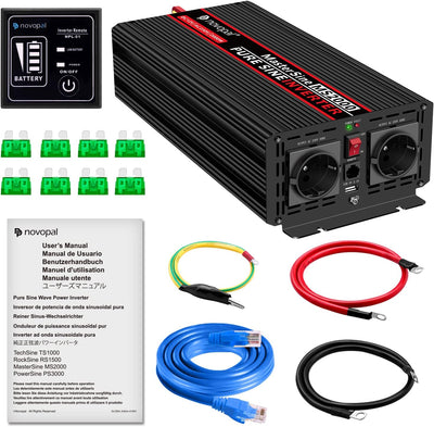NOVOPAL 2000W Kfz Wechselrichter Spannungswandler -24v 230v Reiner Sinus mit 2 EU Steckdose und USB-