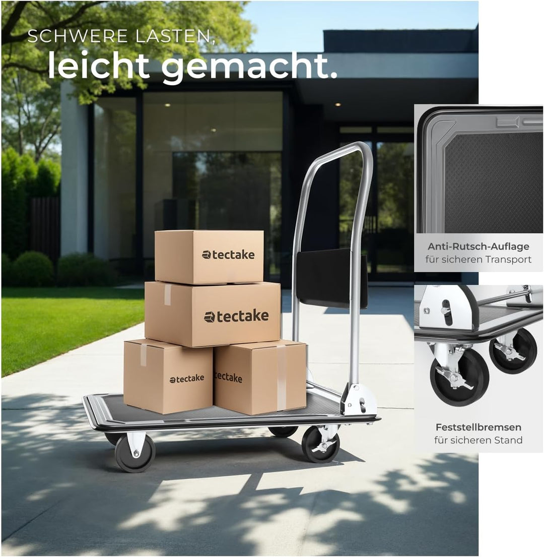 tectake® Plattformwagen 150 kg, Transportwagen klappbar, Transportroller mit Staufach, 2 Blockrollen