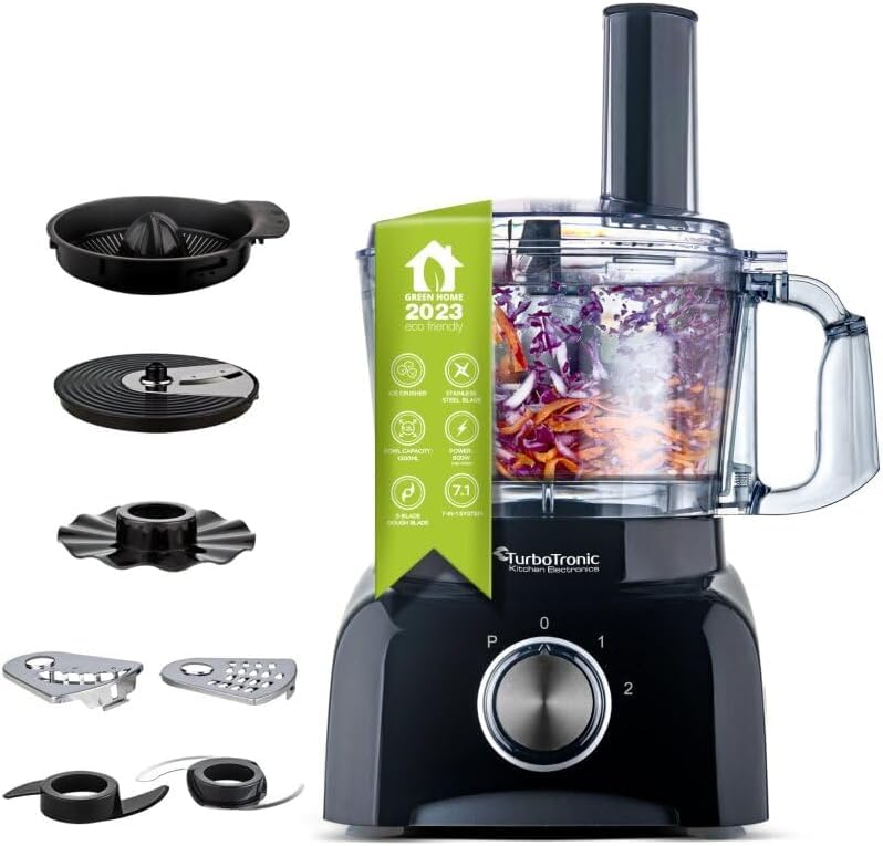 TurboTronic/Food Processor / 1,2L mini small/schwarz/Küchenmaschine mit Mixer, Raspelscheiben, Zitru