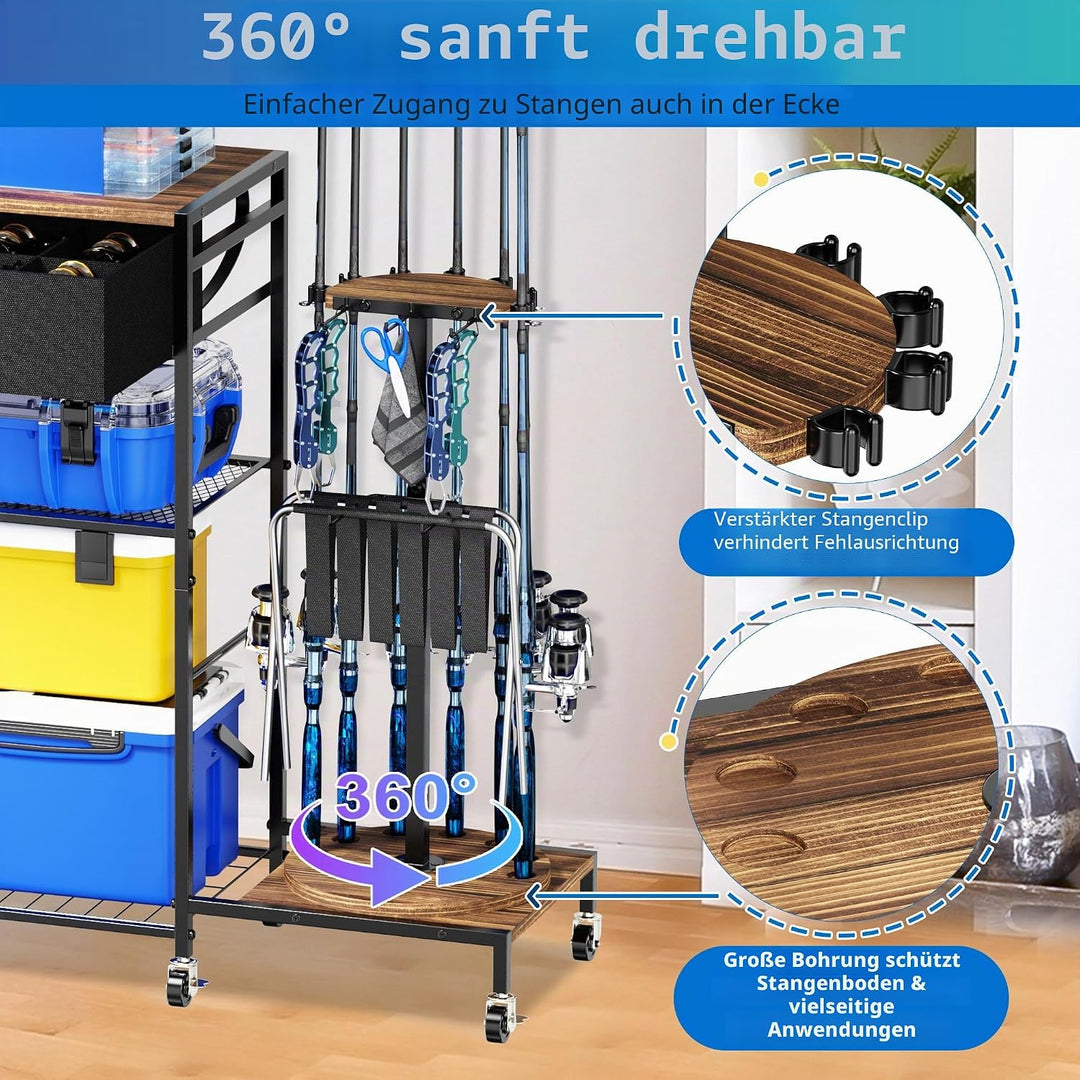 360 ° drehbare Angelrutenhalter für Garage, Angelrutenhalter, Wagen für bis zu 12 Ruten, Stangenaufb