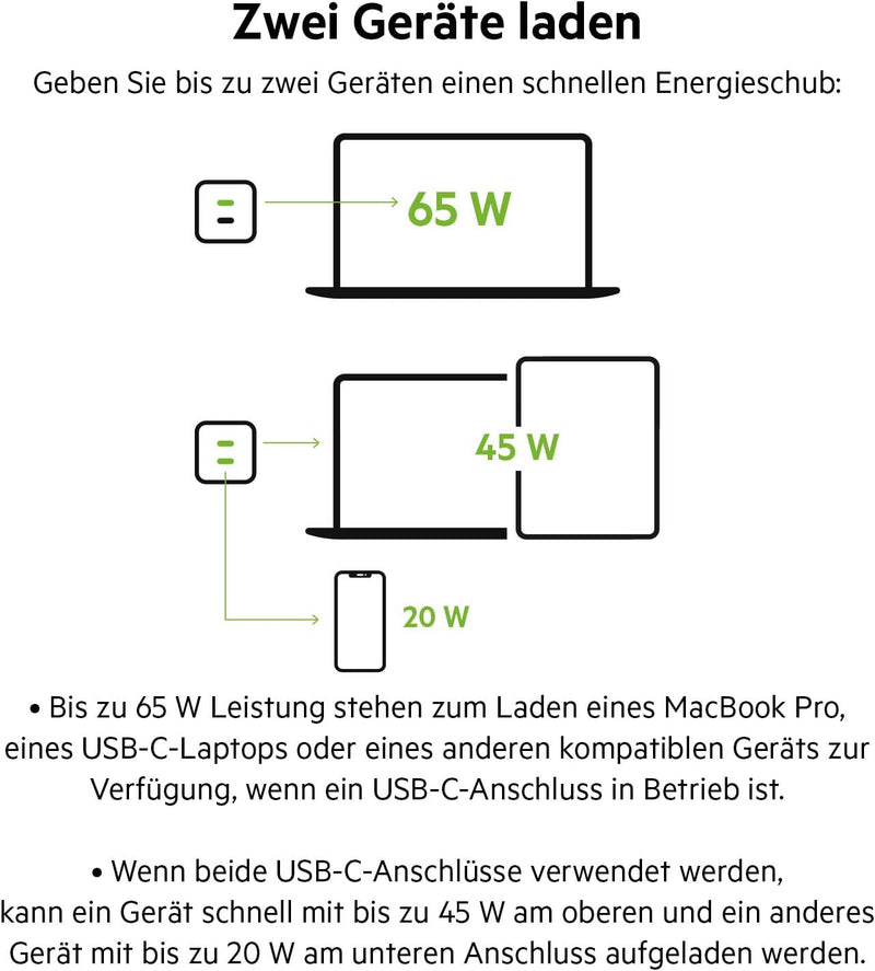 Belkin 65-W-USB-C-Ladegerät mit 2 Ports, Schnellladen mit Power Delivery3.0 und GaN-Technologie für