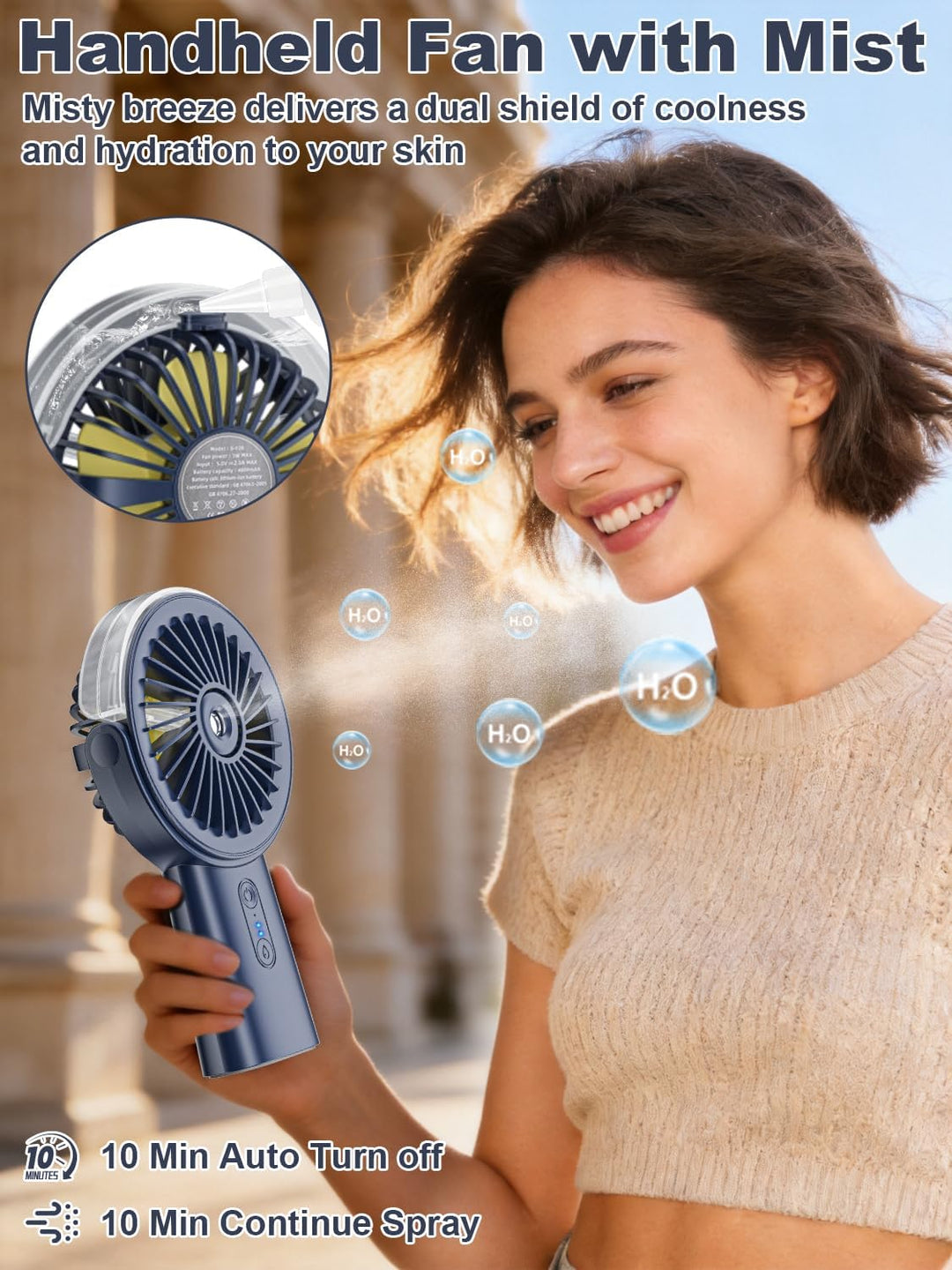 Handventilator Akku Aufladbar mit Wasserkühlung, 6000mAh Tragbarer Mini Ventilator mit 3 Gänge, Vent