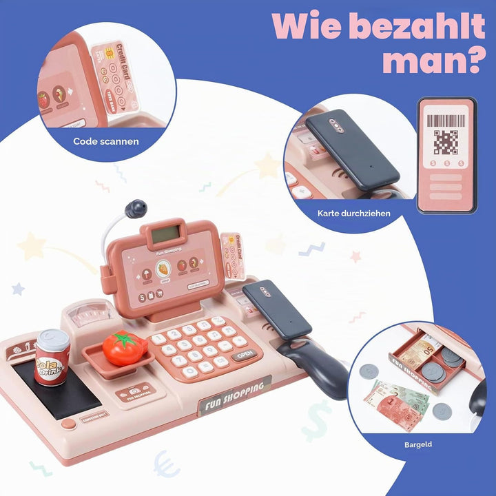 Kinderkasse mit Scanner und Sound,Supermarkt Registrierkasse mit Kreditkarten-Geschenk, Essen, Einka