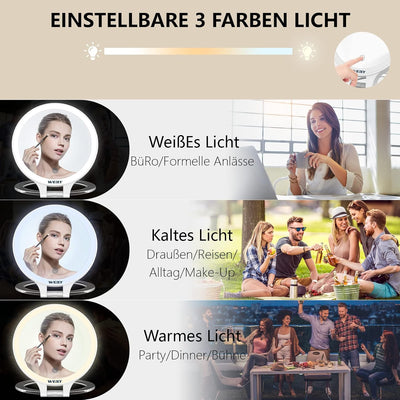 WEILY Schminkspiegel mit Beleuchtung, 10X/1X Vergrösserung Doppelseitiger Kosmetikspiegel mit 3 Farb