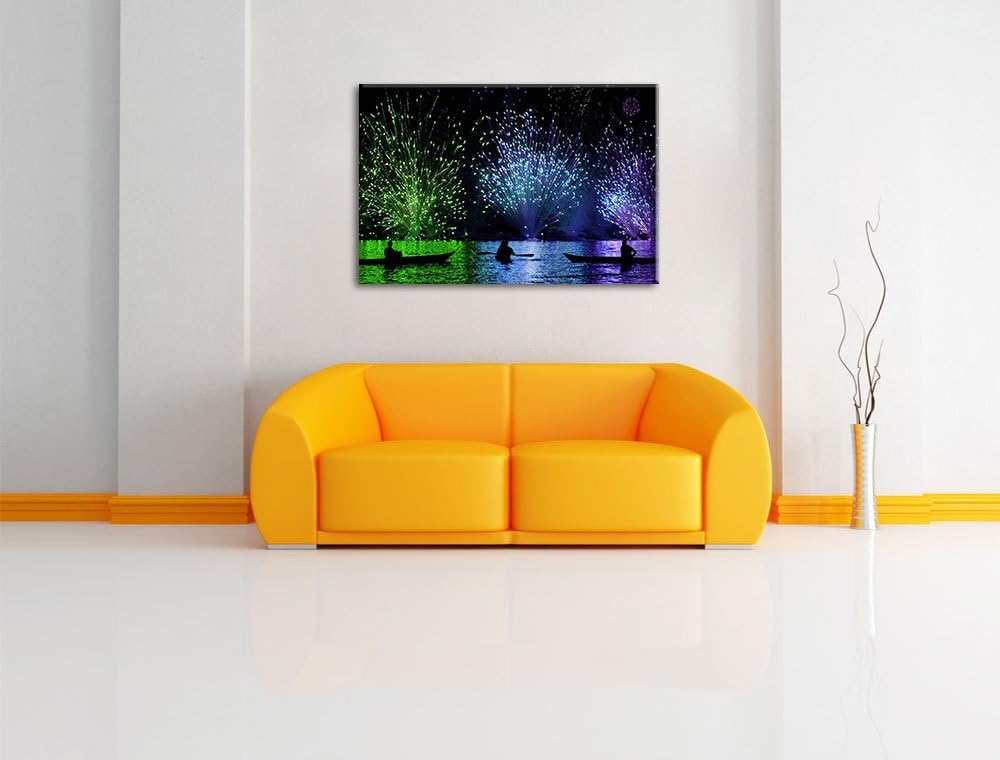 Feuerwerk auf dem Wasser, Format: 100x70 auf Leinwand, XXL riesige Bilder fertig gerahmt mit Keilrah