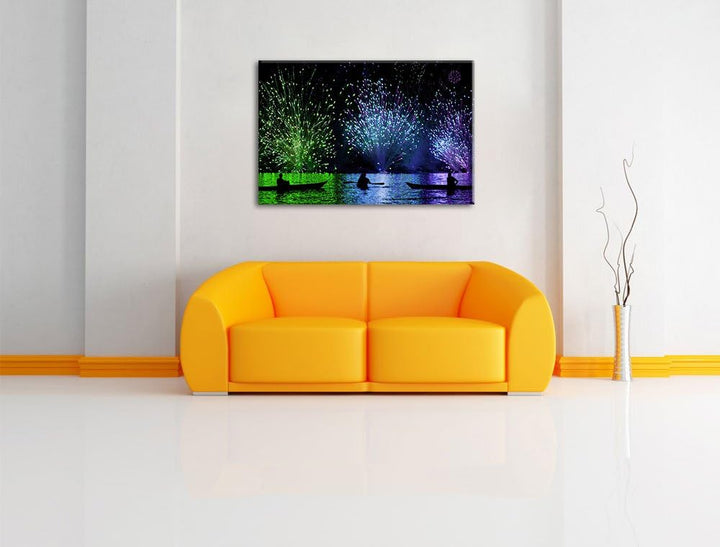 Feuerwerk auf dem Wasser, Format: 100x70 auf Leinwand, XXL riesige Bilder fertig gerahmt mit Keilrah